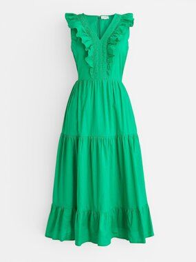 J.Crew Green Ruffle V Neck Smocked Cotton Midi Dress 14
